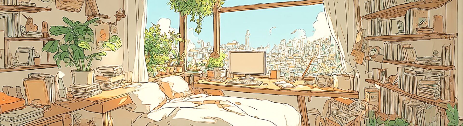 本棚と観葉植物に囲まれた机と、窓の外に広がる街のイラスト